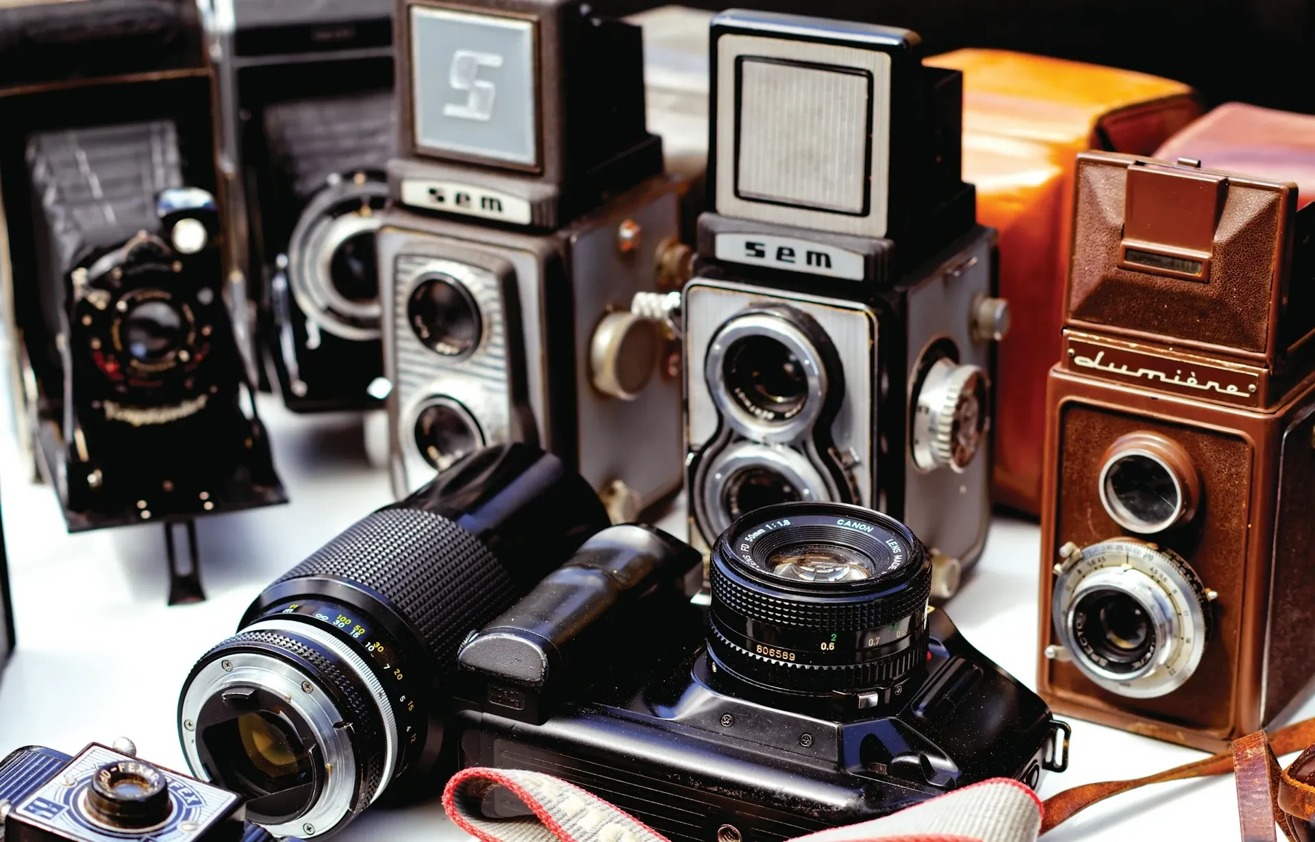 A collection of antiques cameras